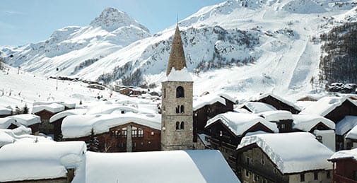 Val d'Isere historic resort centre with church
